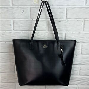 KATE SPADE Sawyer Street Tori Cow Black Leather Tote with Gold Logo Zipper Top